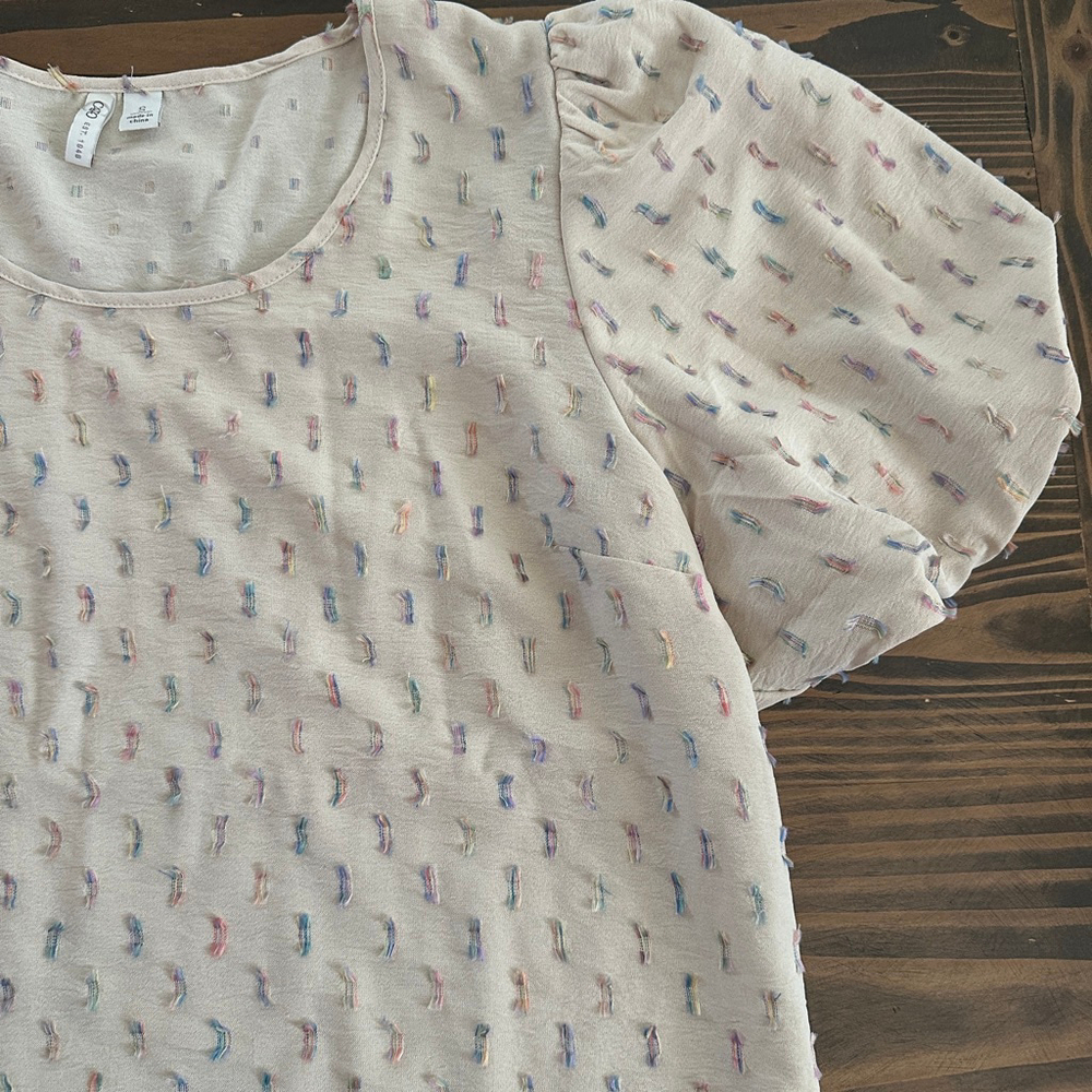 Women’s Cato Beige Multicolor Textured Blouse Short Puff Sleeve S